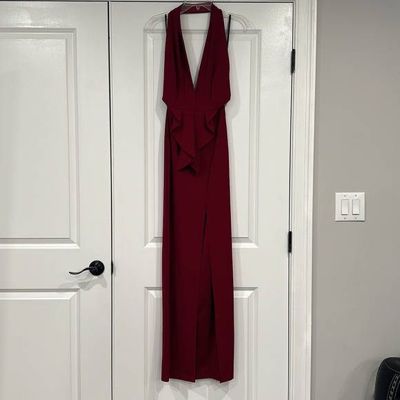 Burgundy halter ruffle dress w/split - Picture 3 of 6